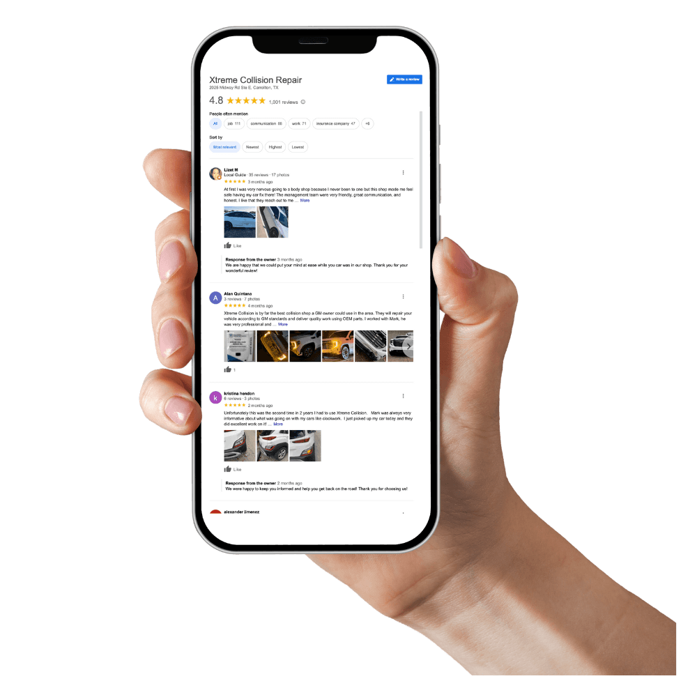 Xtreme Collision Google reviews profile shown on a phone